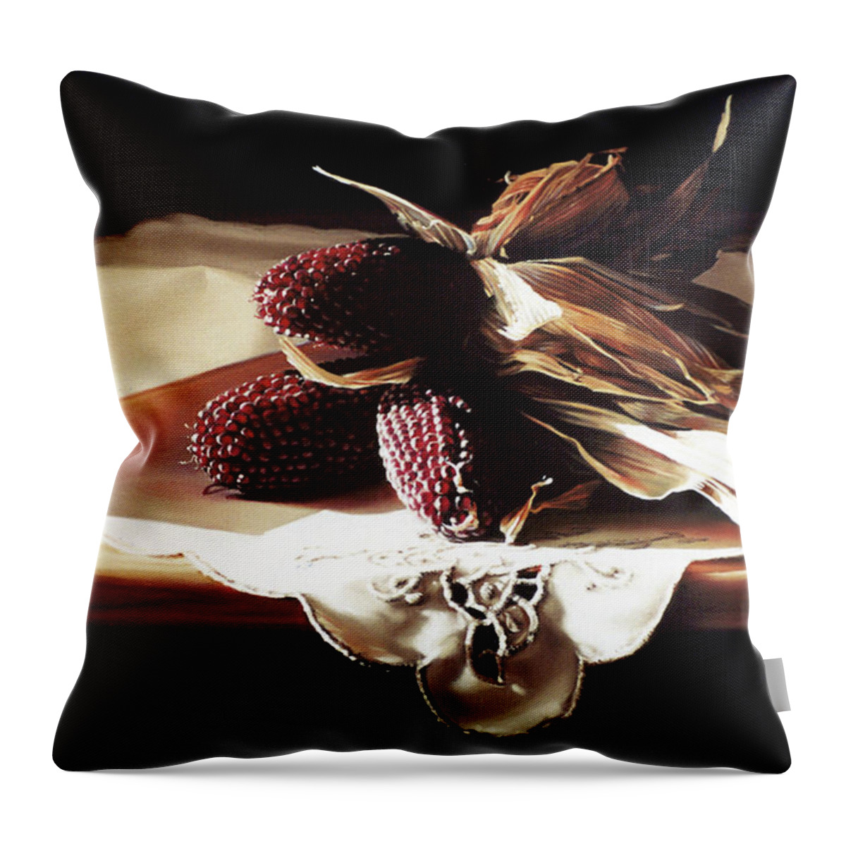 Ornamental Corn Throw Pillow featuring the pastel Raspberry Corn by Dianna Ponting