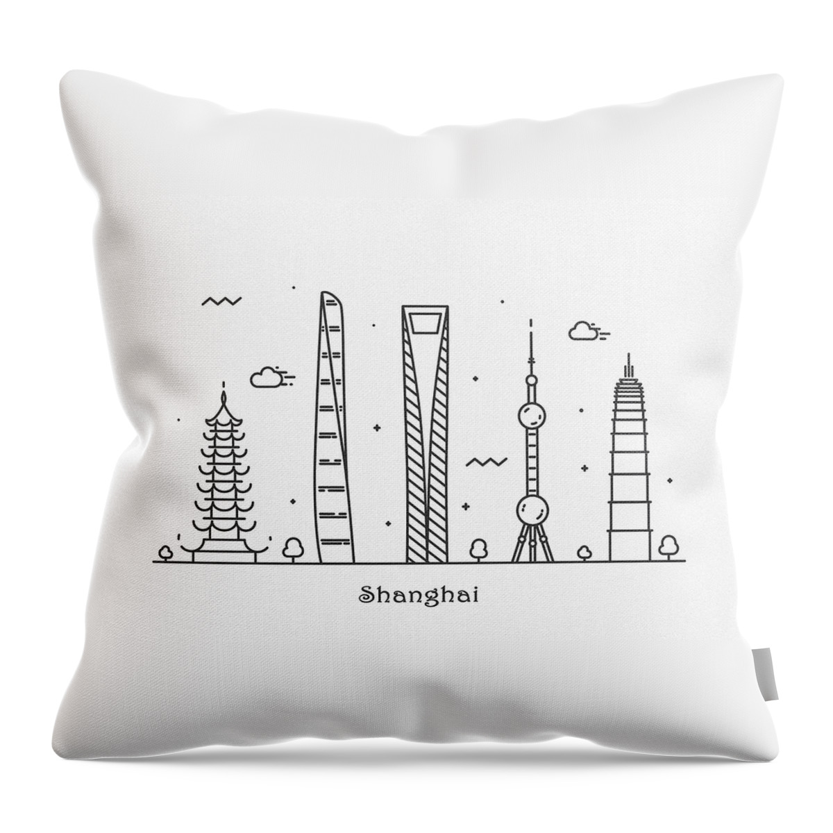 Shanghai Throw Pillow featuring the drawing Shanghai Cityscape Travel Poster by Inspirowl Design