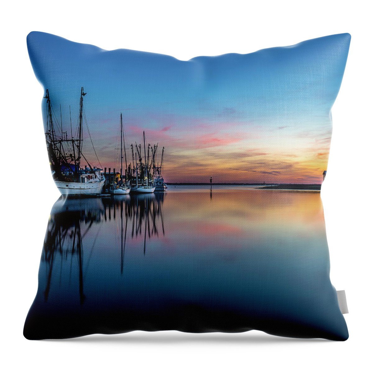 Mt. Pleasant Throw Pillow featuring the photograph Shem Creek Blue Hour, Mt. Pleasant SC by Donnie Whitaker