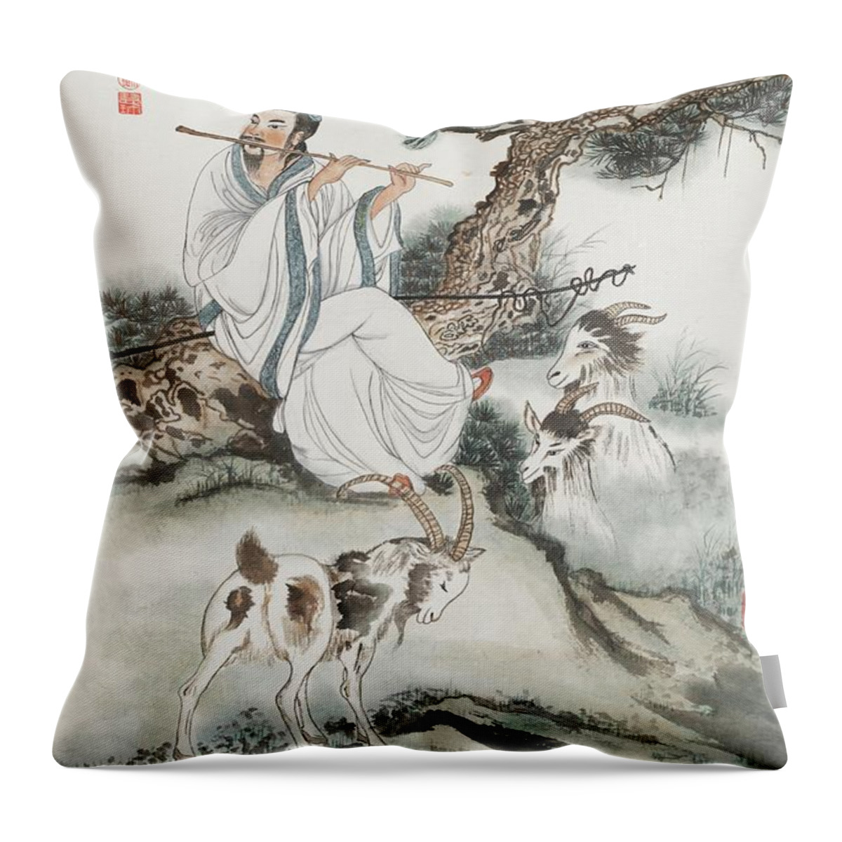 Chinese Watercolor Throw Pillow featuring the painting Shepherd Serenading His Goats by Jenny Sanders