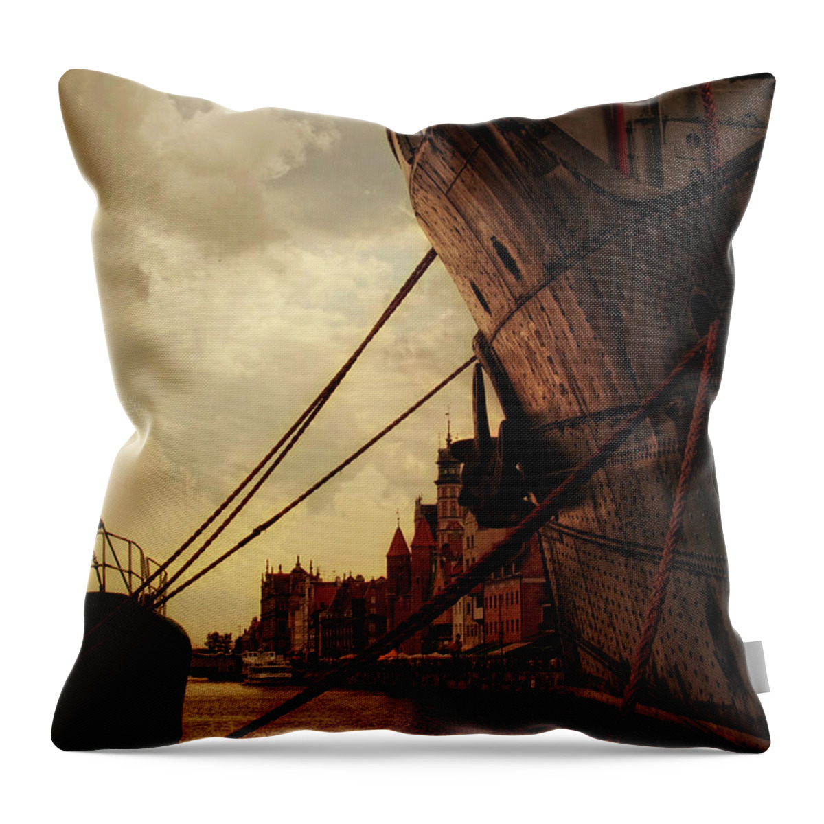 Tranquility Throw Pillow featuring the photograph Ship And Boat Harbour by Wojtekzet