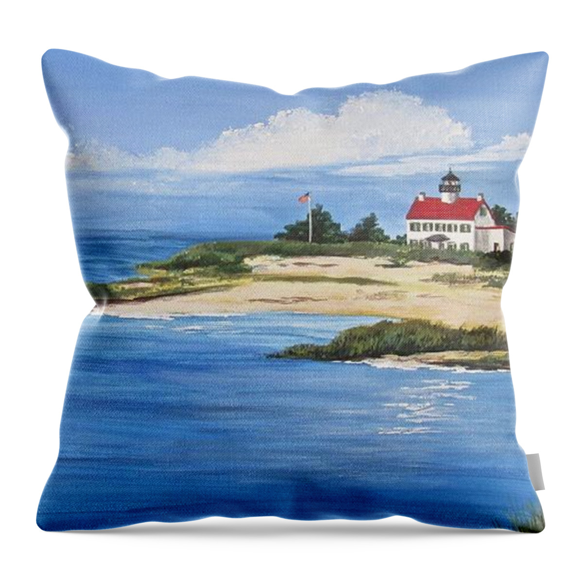 East Point Lighthouse Throw Pillow featuring the painting Shoreline at East Point Lighthouse by Nancy Patterson