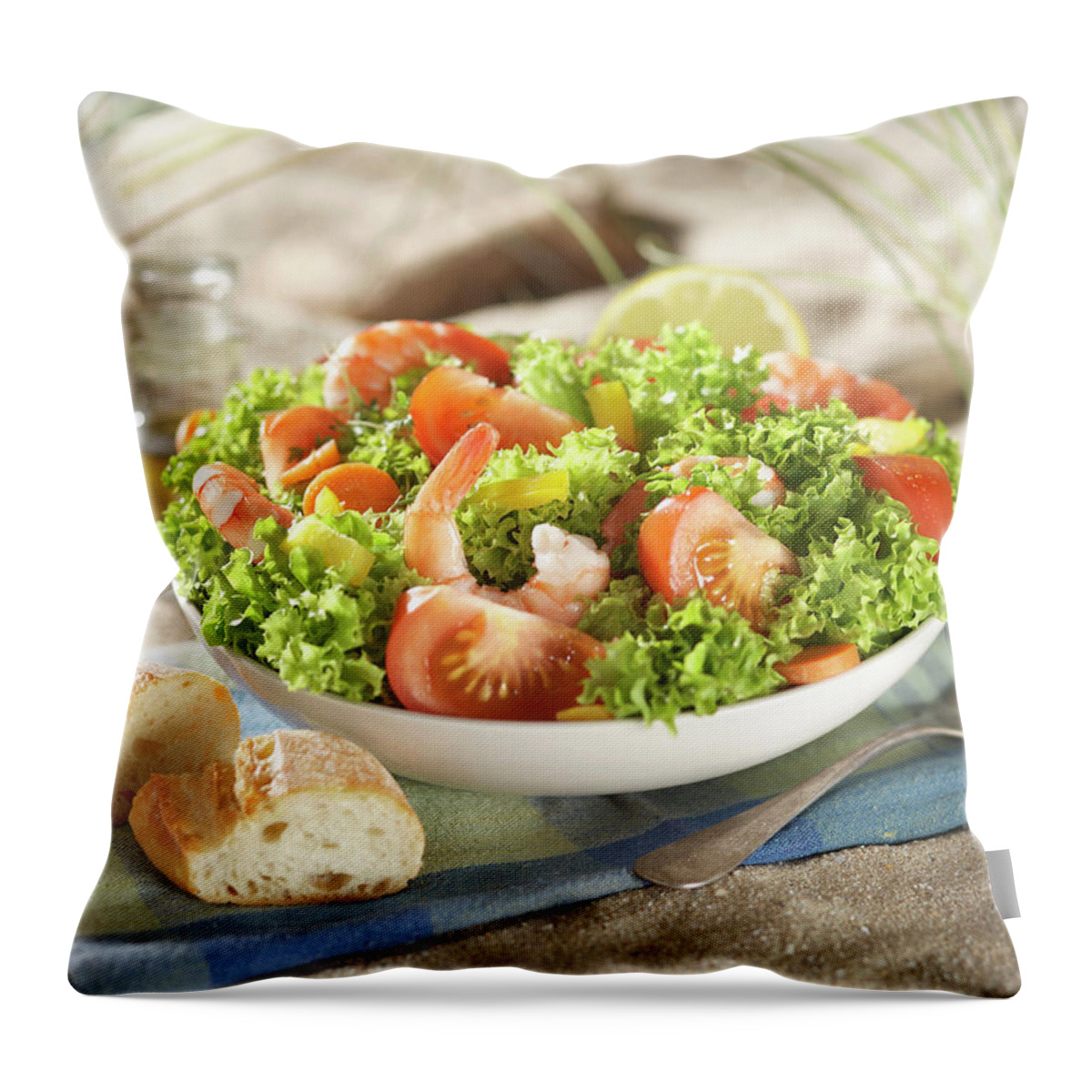 Grass Throw Pillow featuring the photograph Shrimp, Vegetable And Salad In Plate by Westend61