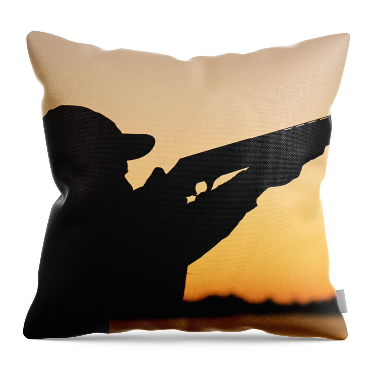 Rifle Throw Pillow featuring the photograph Silhouette Of Hunter And Gun by J&l Images