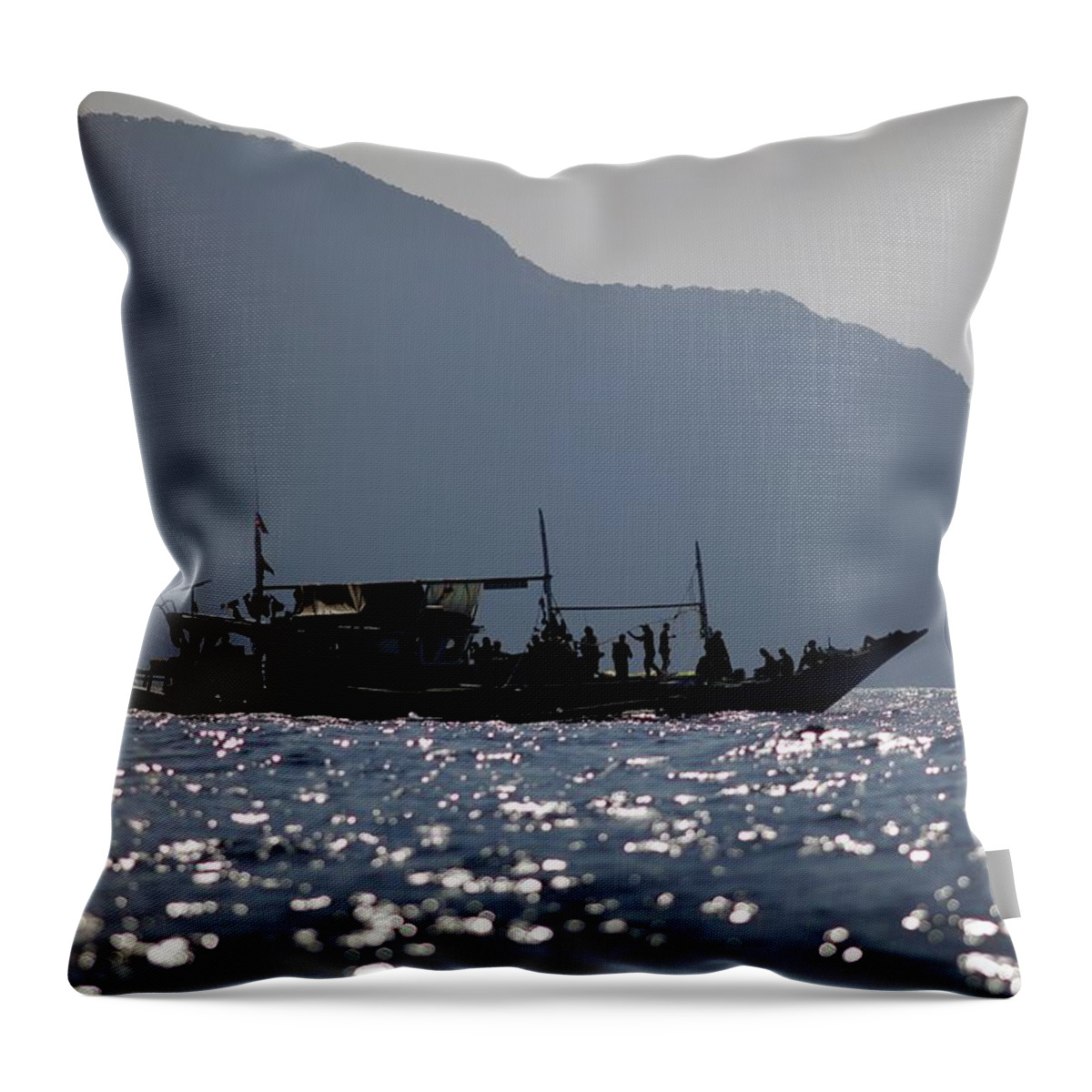 People Throw Pillow featuring the photograph Silhouette Of Pa Aling Fishing Boat At by Timothy Allen