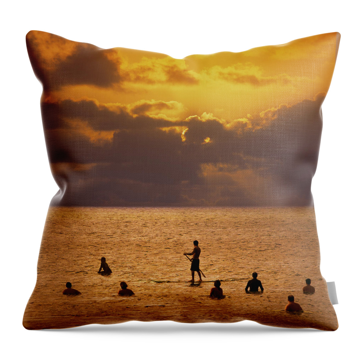 People Throw Pillow featuring the photograph Silhouette Of Surfers In Sea, Rear View by Ed Freeman
