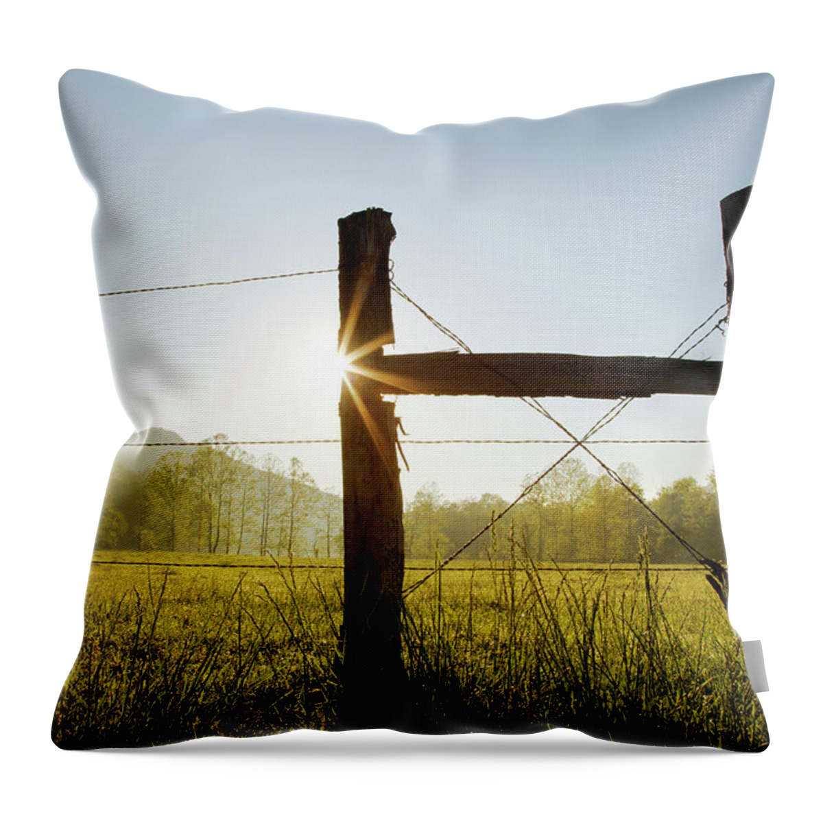 Scenics Throw Pillow featuring the photograph Silhouetted Fence Posts At Sunrise by Adam Jones