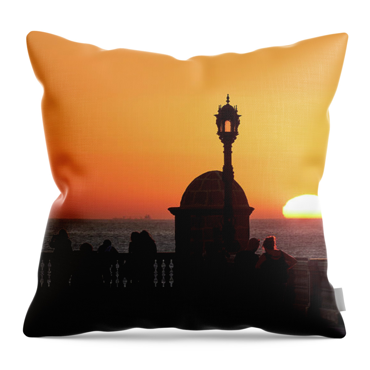 Happiness Throw Pillow featuring the photograph Silhouetted People Walking on Boardwalk with the Sun Setting by Pablo Avanzini