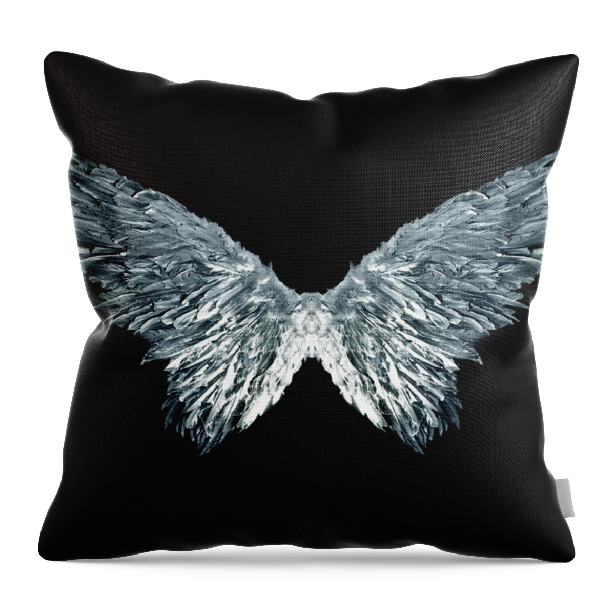 Hanging Throw Pillow featuring the photograph Silver Metallic Angel Wings On Black by Redhumv