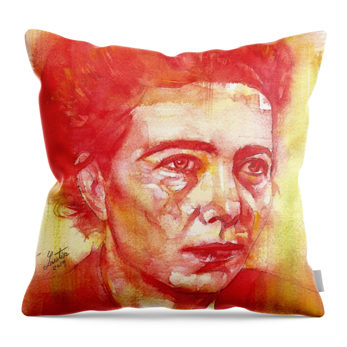 Simone De Beauvoir Throw Pillow featuring the painting SIMONE DE BEAUVOIR - watercolor portrait.4 by Fabrizio Cassetta