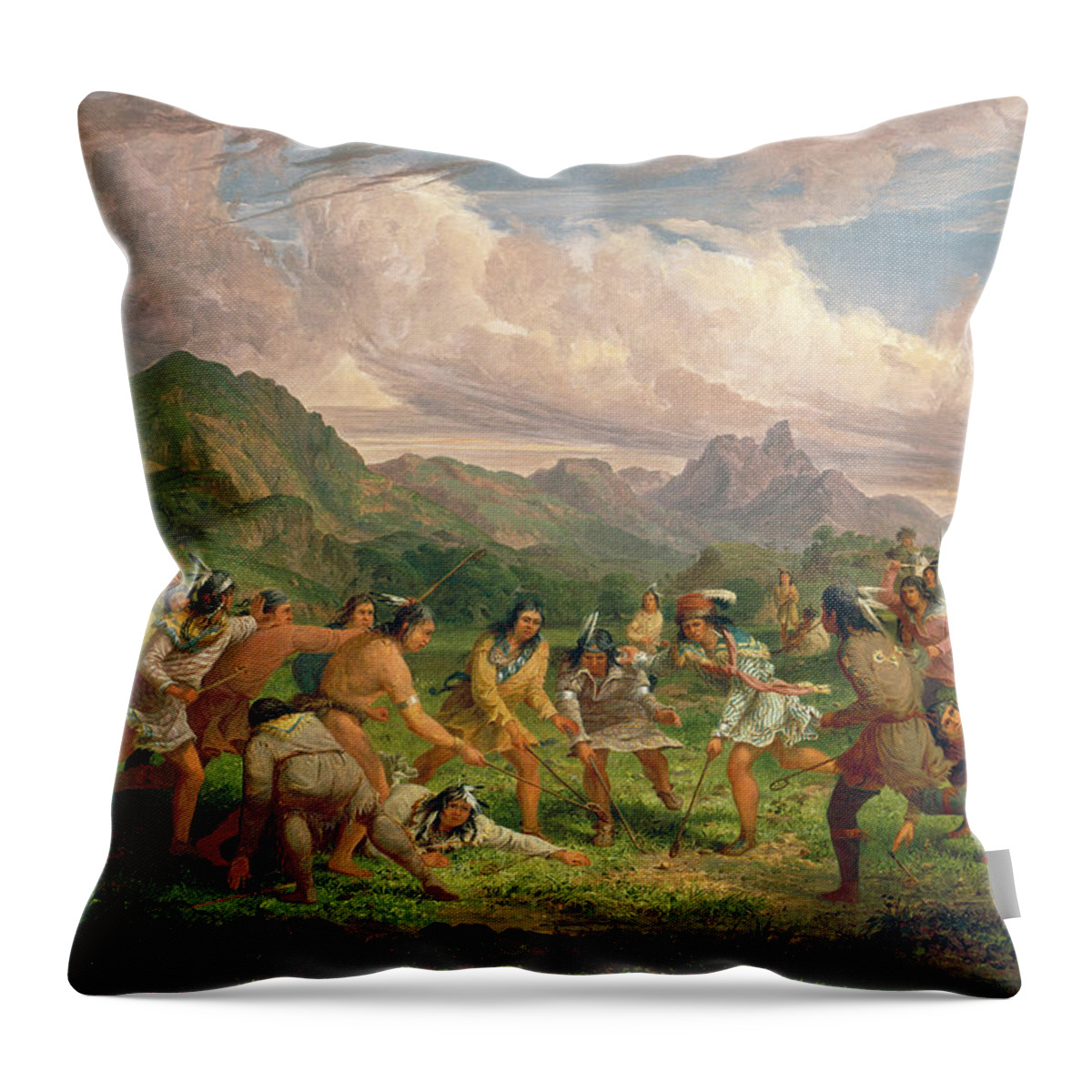 1851 Throw Pillow featuring the painting Sioux Lacrosse Playing by Granger