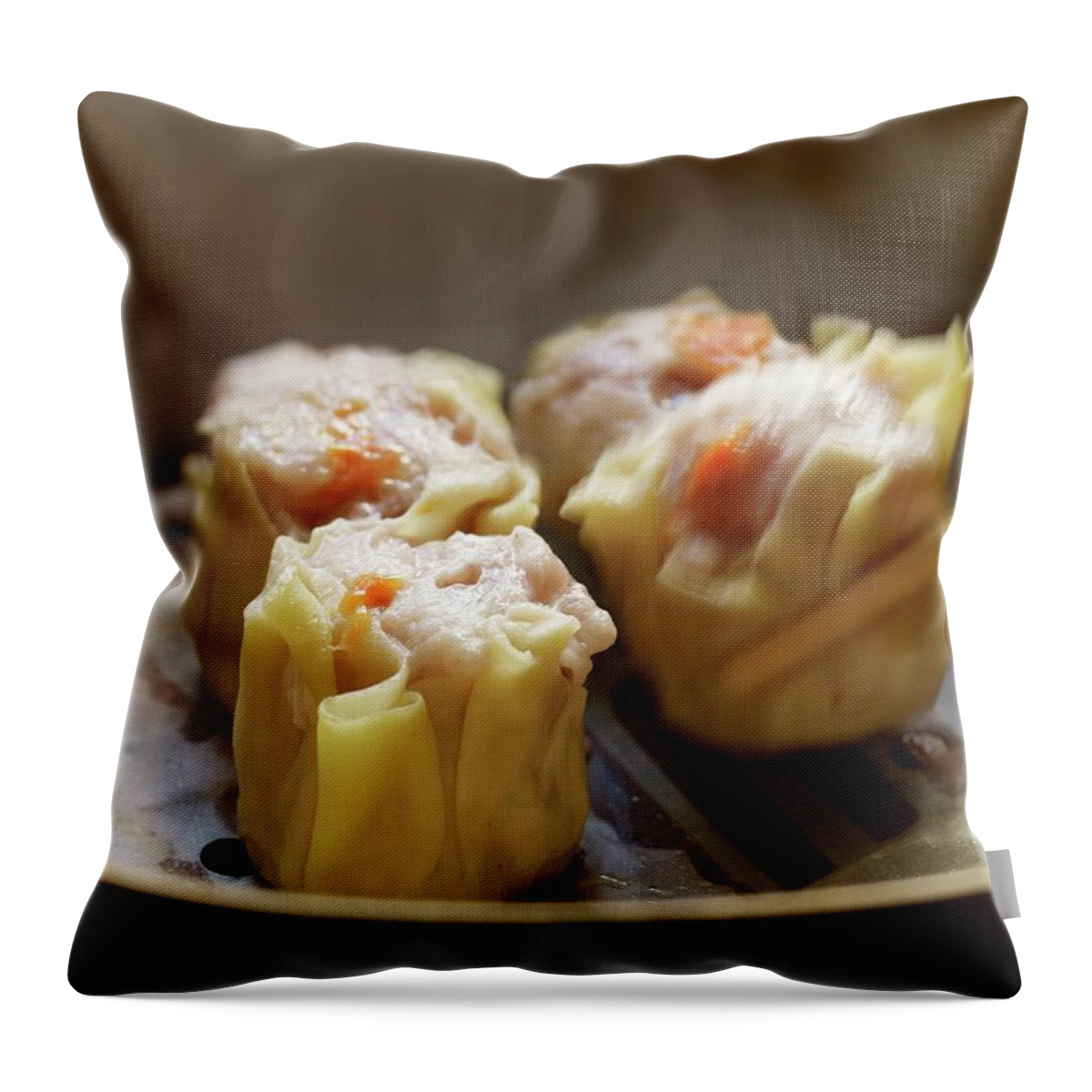 Ip_11307946 Throw Pillow featuring the photograph Siu Mai Dim Sum cantonese Pork And Prawn Dumplings One Being Lifted With Chop Sticks by Atkinson / Sue Dr.