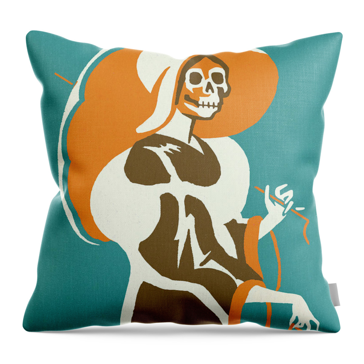 Accessories Throw Pillow featuring the drawing Skeleton Woman With Umbrella by CSA Images