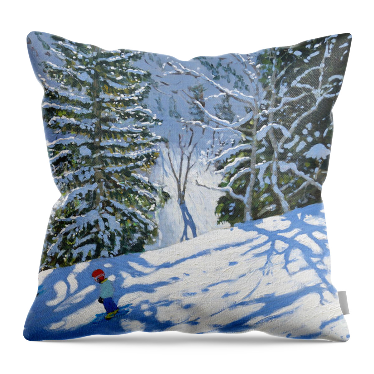 Skiing Courchevel To La Tania Throw Pillow featuring the painting Skiing Courchevel to La Tania by Andrew Macara