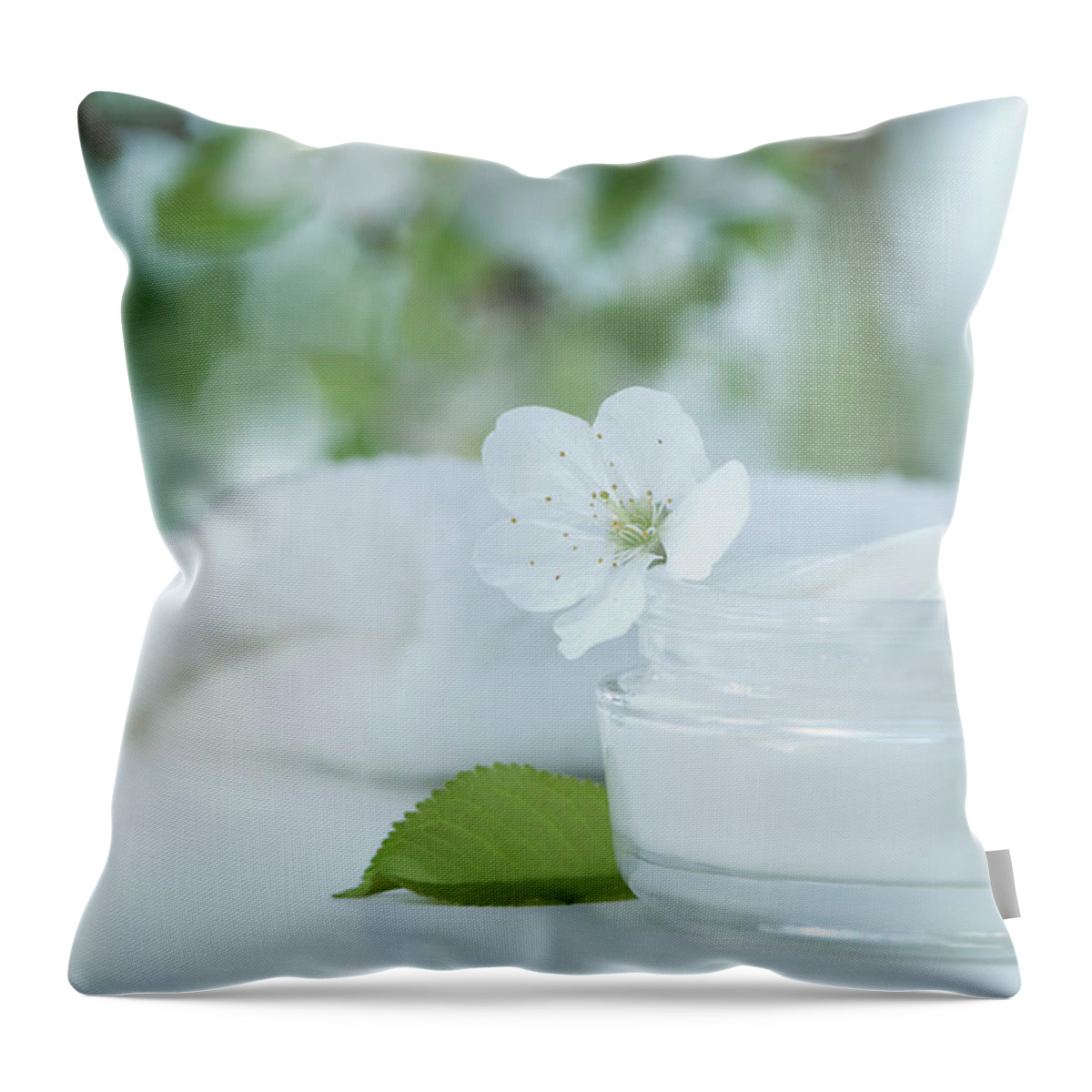 Spa Throw Pillow featuring the photograph Skin Cream With Cherry Blossom, Bath by Westend61