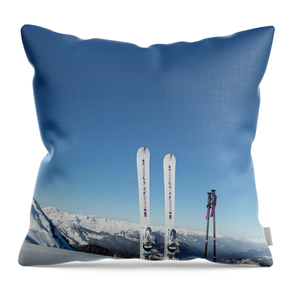 Ski Pole Throw Pillow featuring the photograph Skis And Ski Poles Stuck In The Snow by L.a. Novia