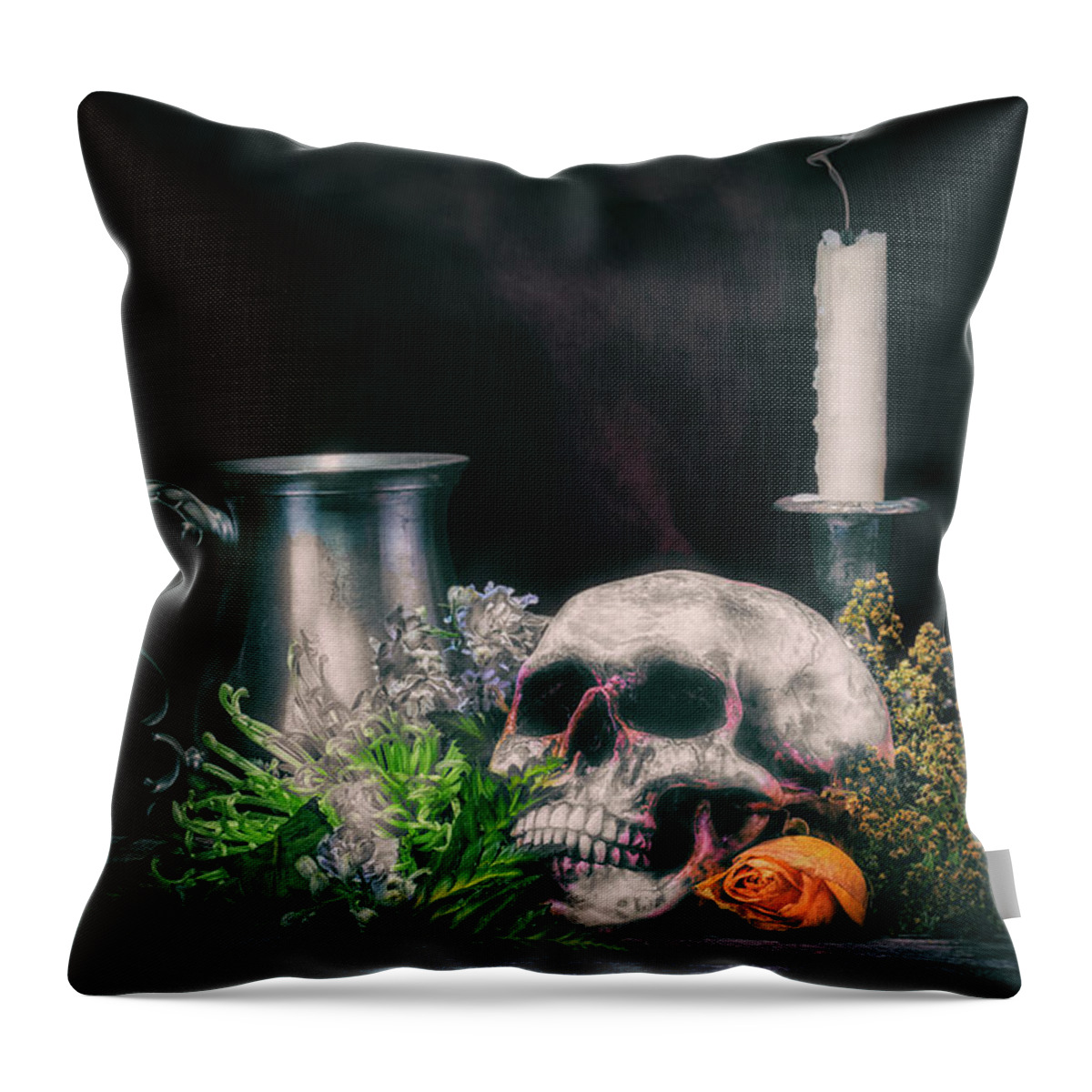 Human Throw Pillow featuring the photograph Skull With Flowers by Tom Mc Nemar