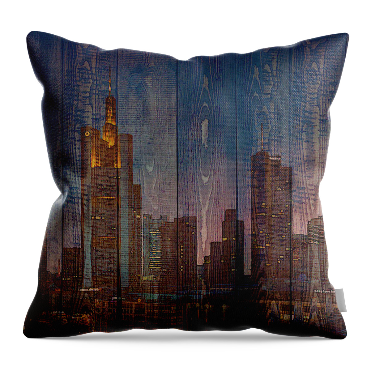 Frankfurt Throw Pillow featuring the mixed media Skyline of Frankfurt, Germany on Wood by Alex Mir
