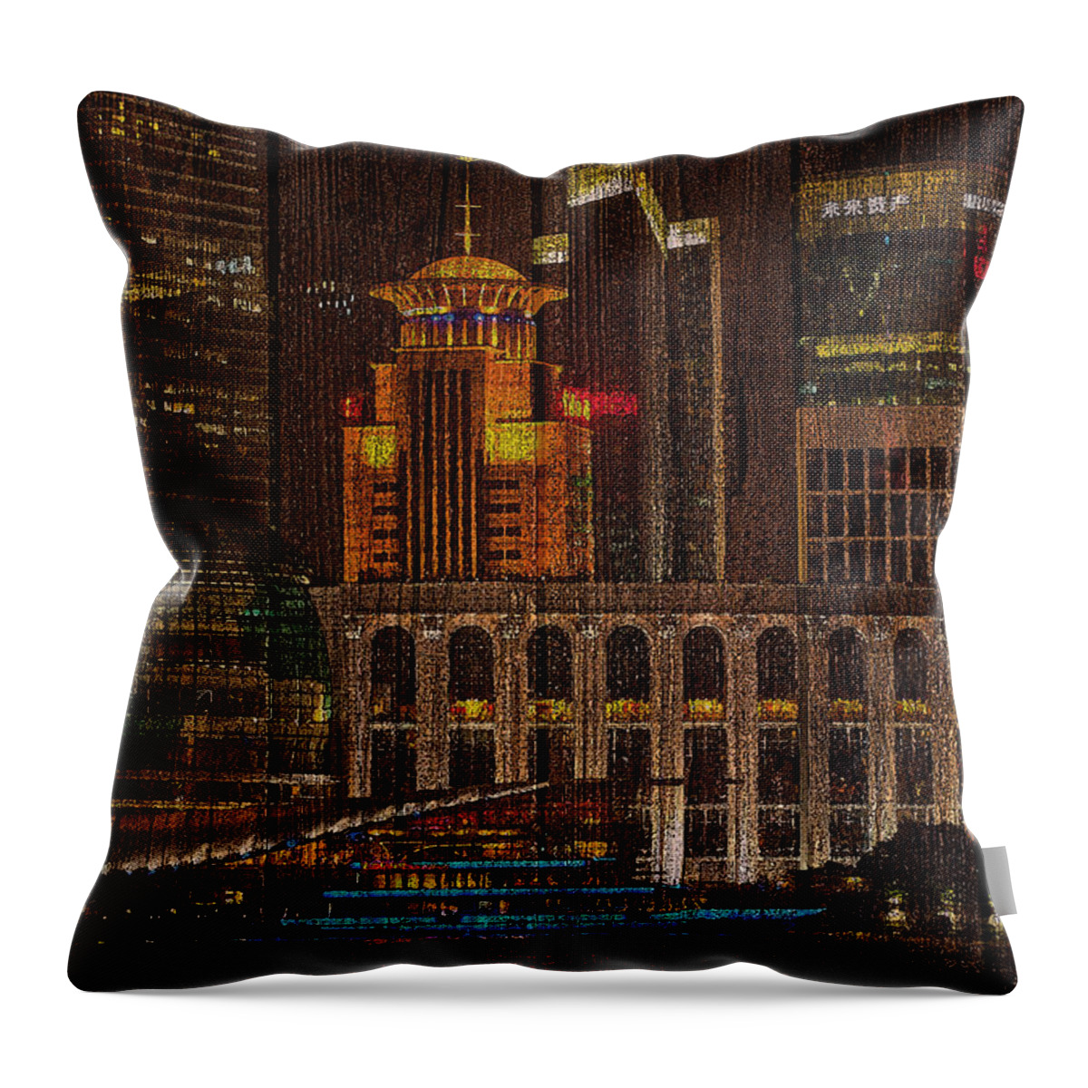 Shanghai Throw Pillow featuring the mixed media Skyline of Shanghai, China on Wood by Alex Mir