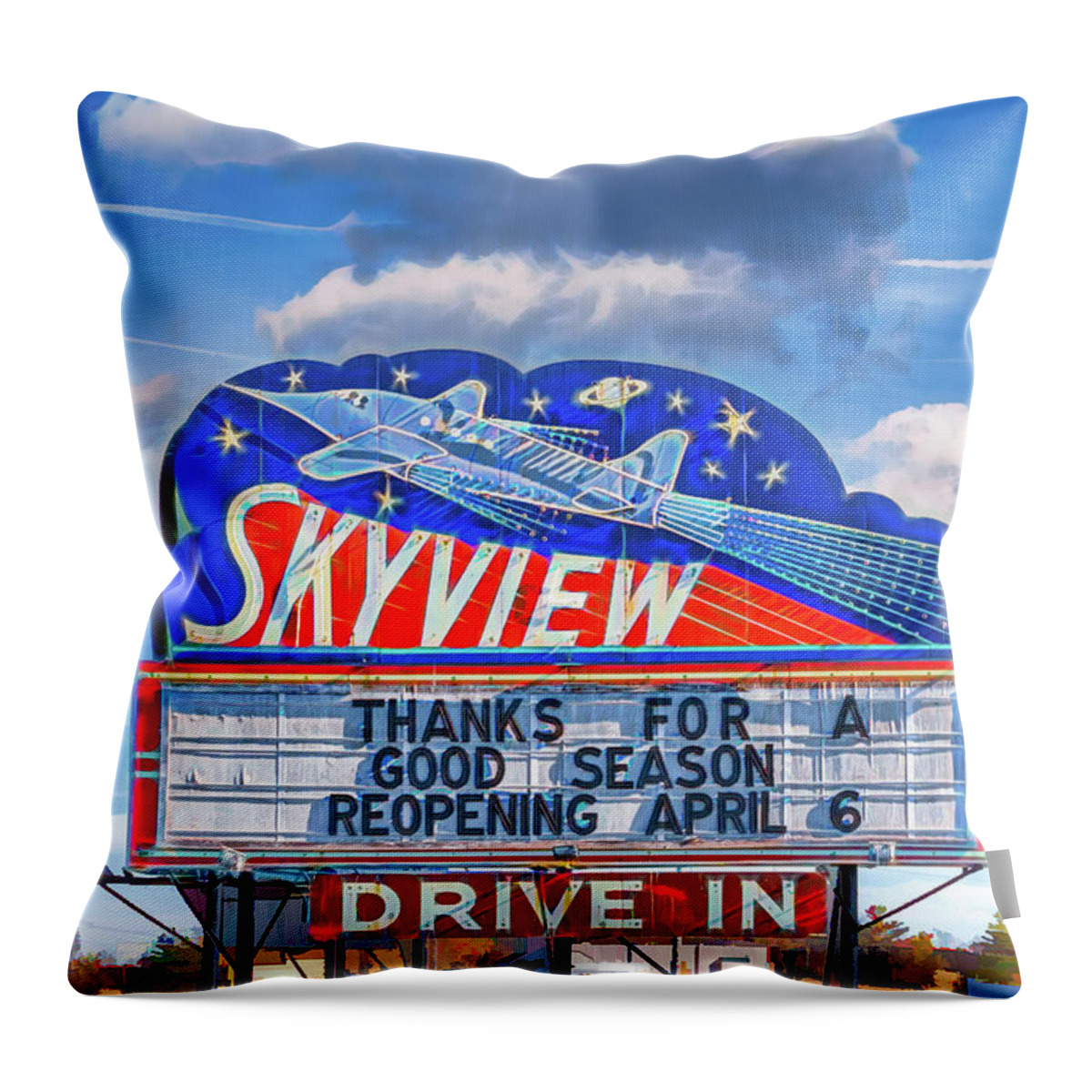 Americana Throw Pillow featuring the digital art SKYVIEW Drive-in Theater Neon Sign by Robert FERD Frank