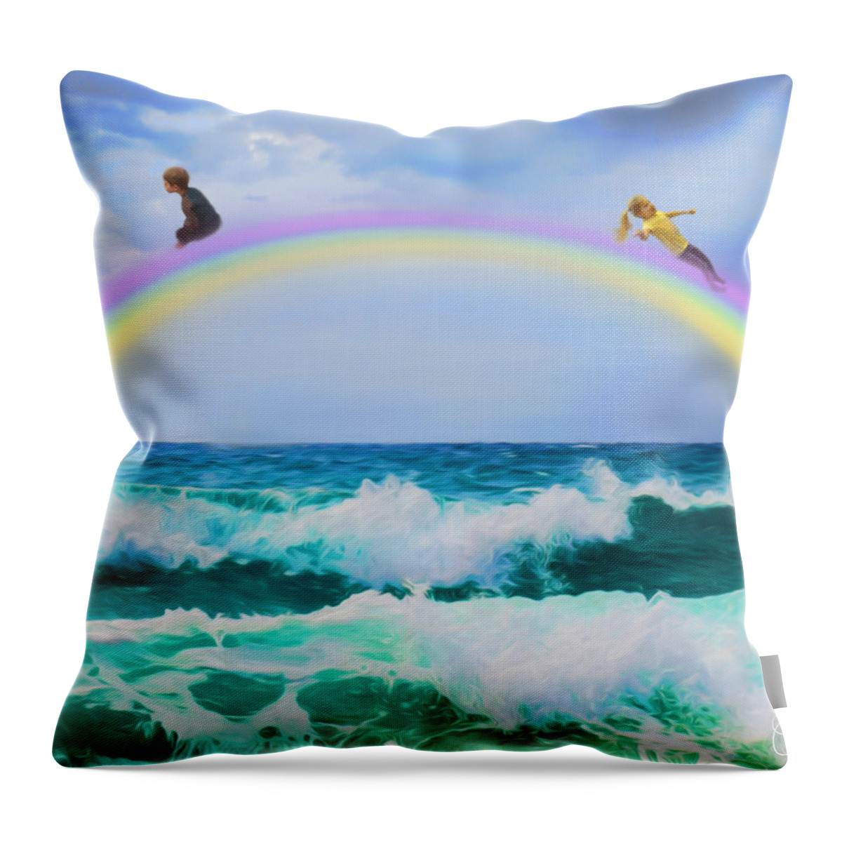 Children's Paintings Throw Pillow featuring the mixed media Sliding Down Rainbows by Colleen Taylor