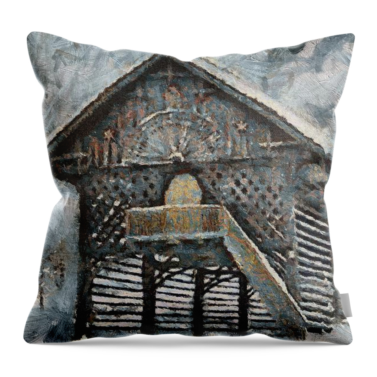 Hayrack Throw Pillow featuring the painting Slovenian Hayrack in Winter by Dragica Micki Fortuna