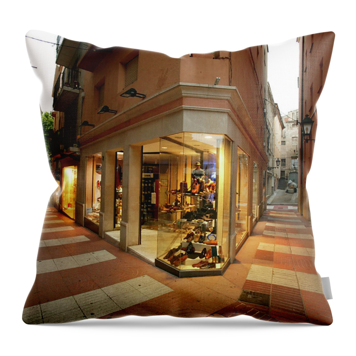 Pedestrian Throw Pillow featuring the photograph Small Shopping Street Figueras Spain by Mlenny