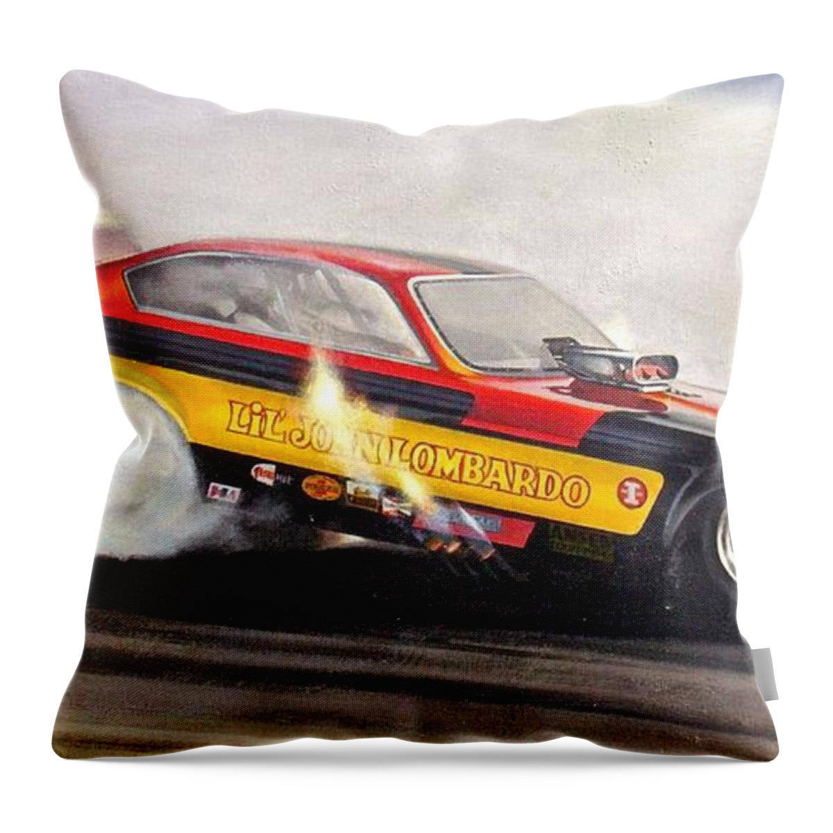 Kenny Youngblood Funny Car Nostalgia Drag Racing John Lombardo Nhra Throw Pillow featuring the painting Smoked In by Kenny Youngblood