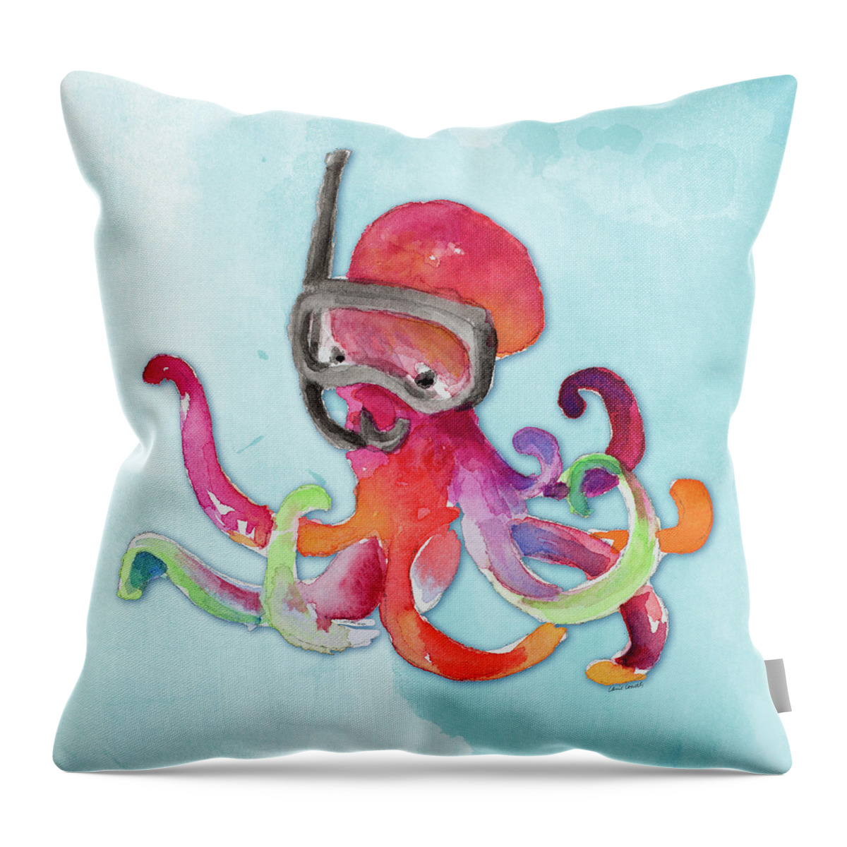 Snorkeling Throw Pillow featuring the painting Snorkeling Octopus On Watercolor by Lanie Loreth