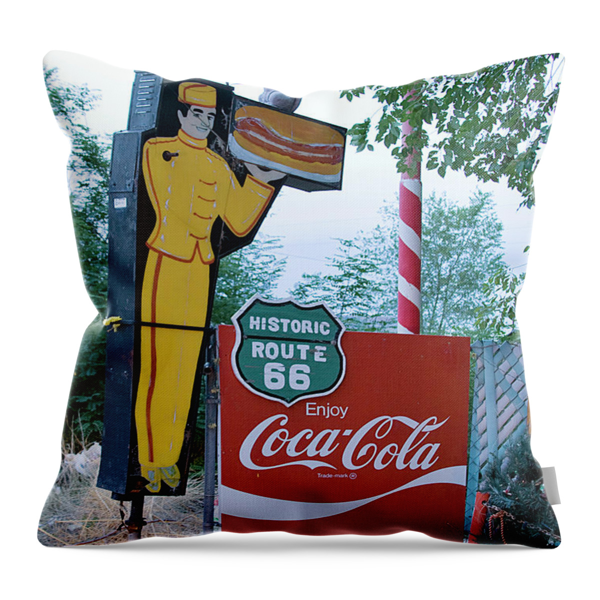 Route 66 Throw Pillow featuring the painting Snow Cap burger cafe, Route 66, Seligman, Arizona by 