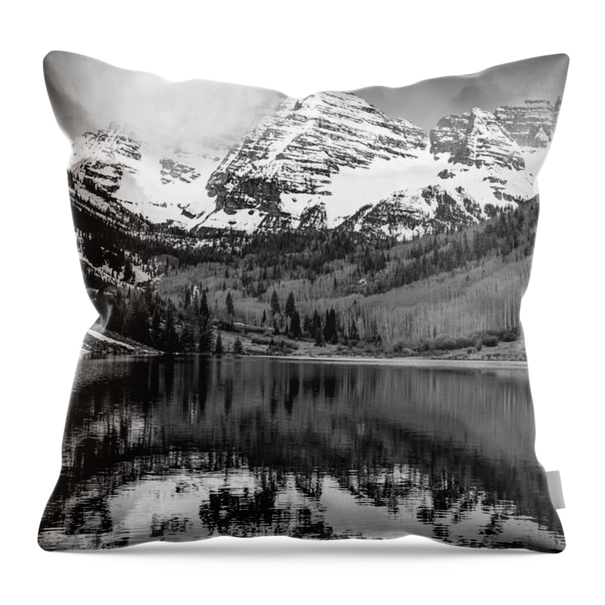 Aspen Colorado Throw Pillow featuring the photograph Snow Capped Mountain Peaks - Maroon Bells in Monochrome by Gregory Ballos