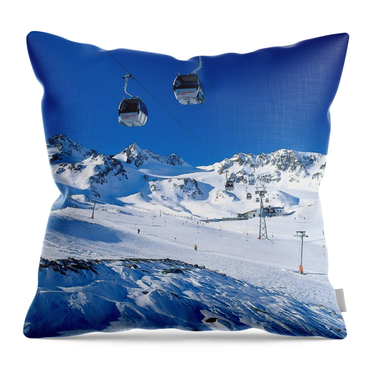 Estock Throw Pillow featuring the digital art Snow Covered Mountains & Cable Cars by Reinhard Schmid