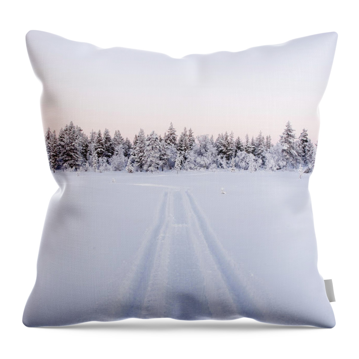 Extreme Terrain Throw Pillow featuring the photograph Snow-topped Forest With Snowmobile by Juhokuva