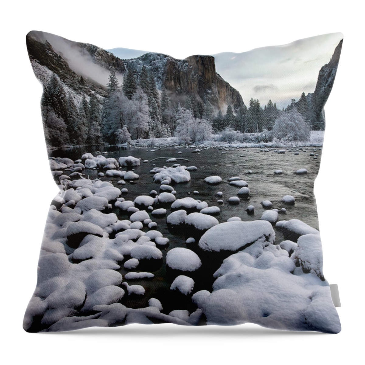Yosemite Throw Pillow featuring the photograph Snowy Rocks by Alan Kepler