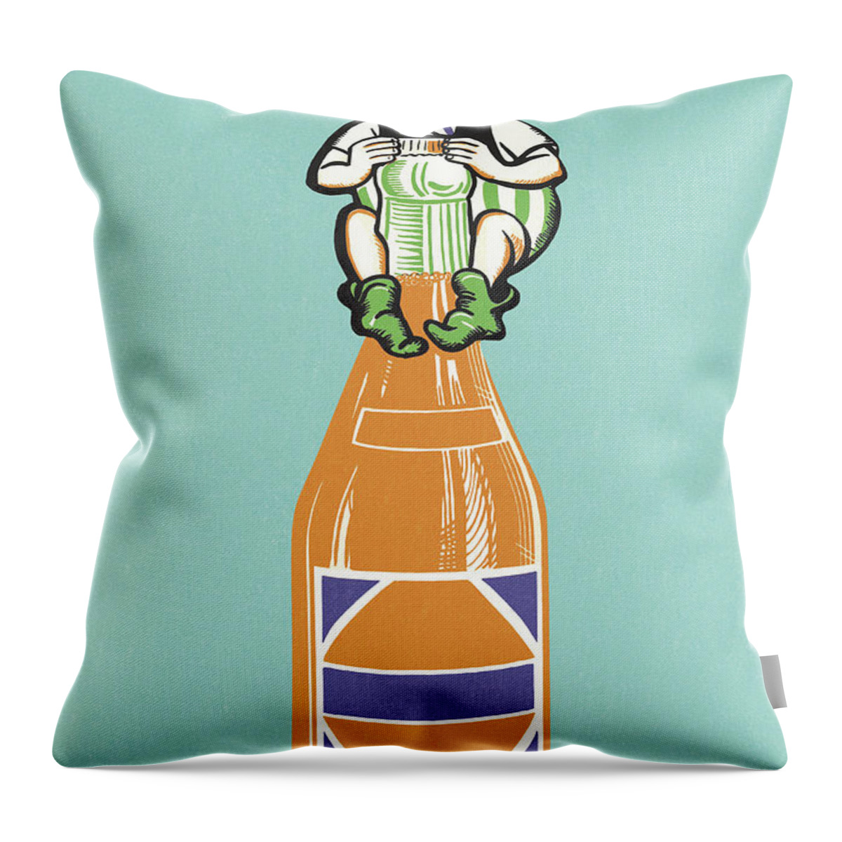 Beverage Throw Pillow featuring the drawing Soda Bottle With Elf by CSA Images