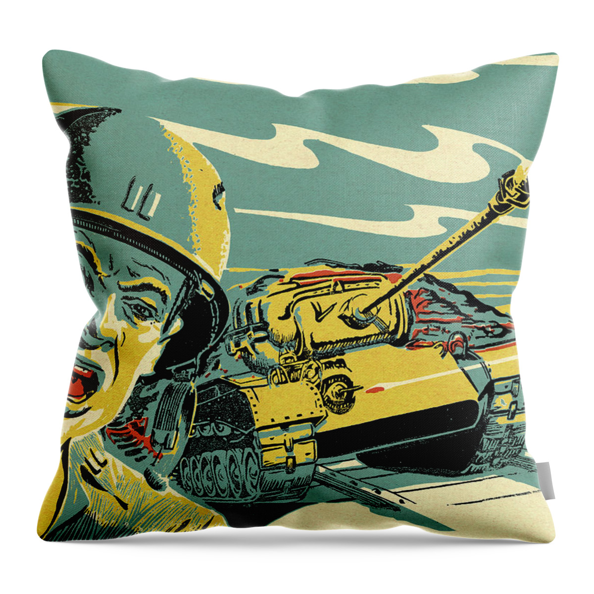 Action Throw Pillow featuring the drawing Soldier and Tank on Battlefield by CSA Images