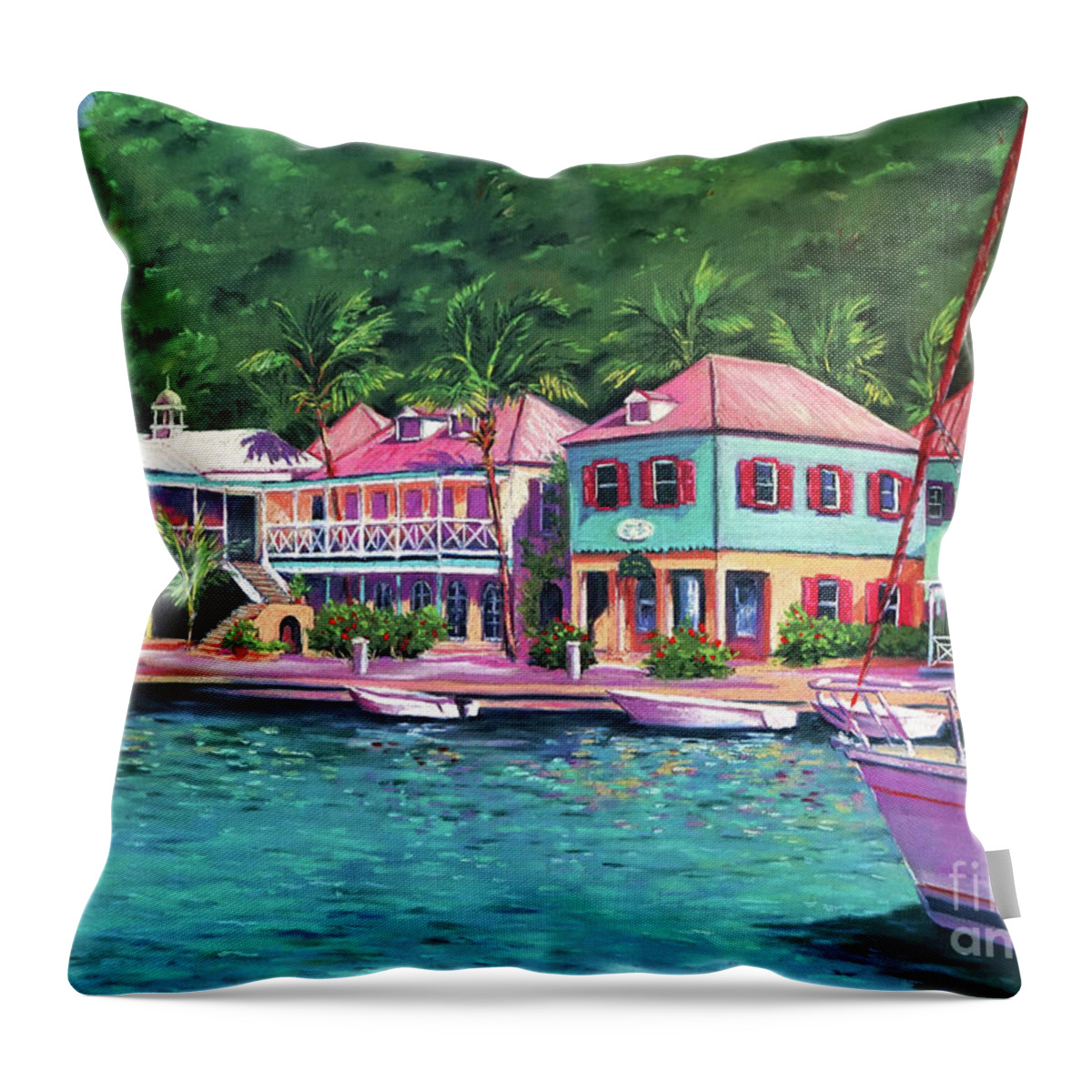  Caribbean Throw Pillow featuring the painting Soper's Hole Tortola 16x23 by John Clark
