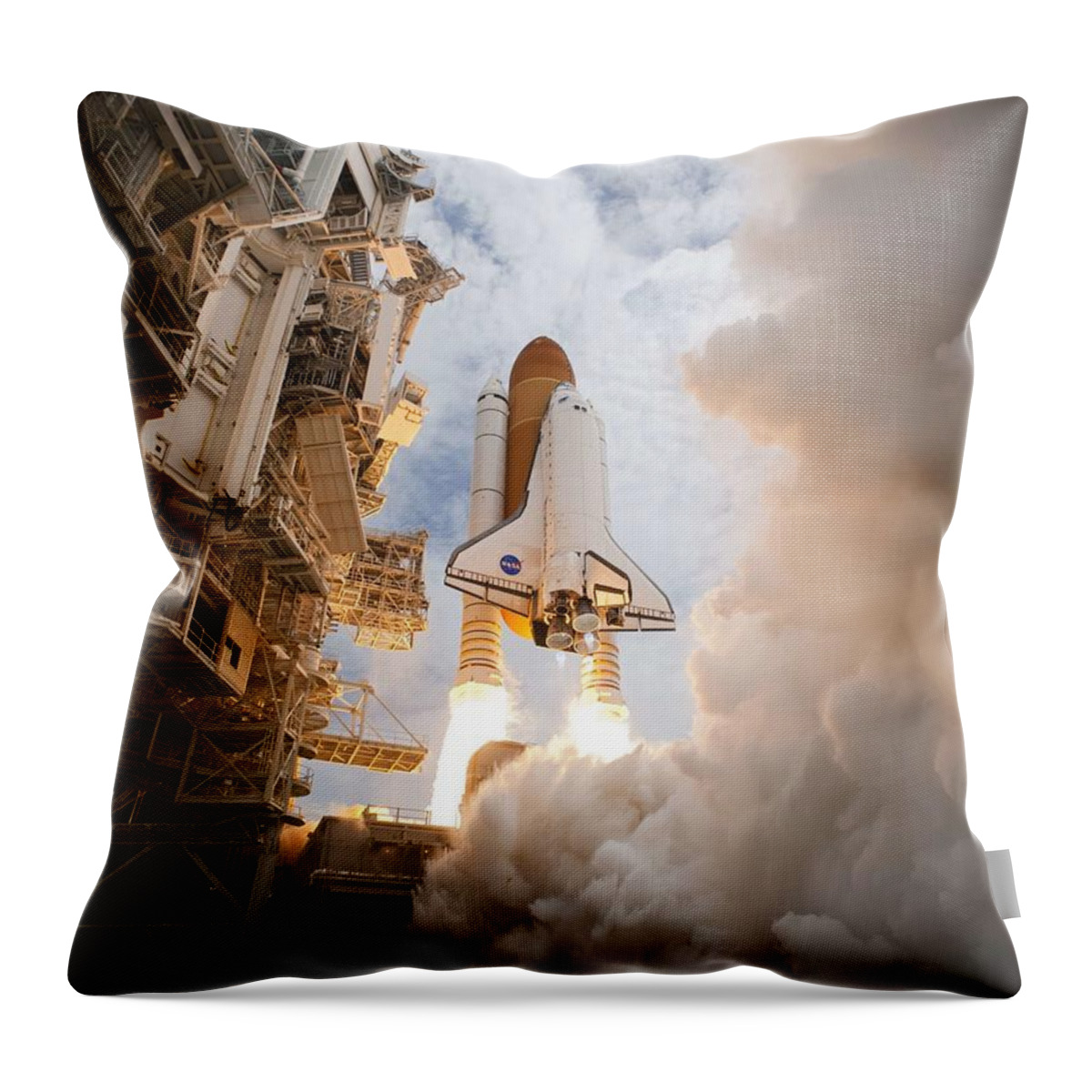 Science Throw Pillow featuring the painting Space Shuttle Atlantis STS-135 mission launched from Launch Pad by Celestial Images