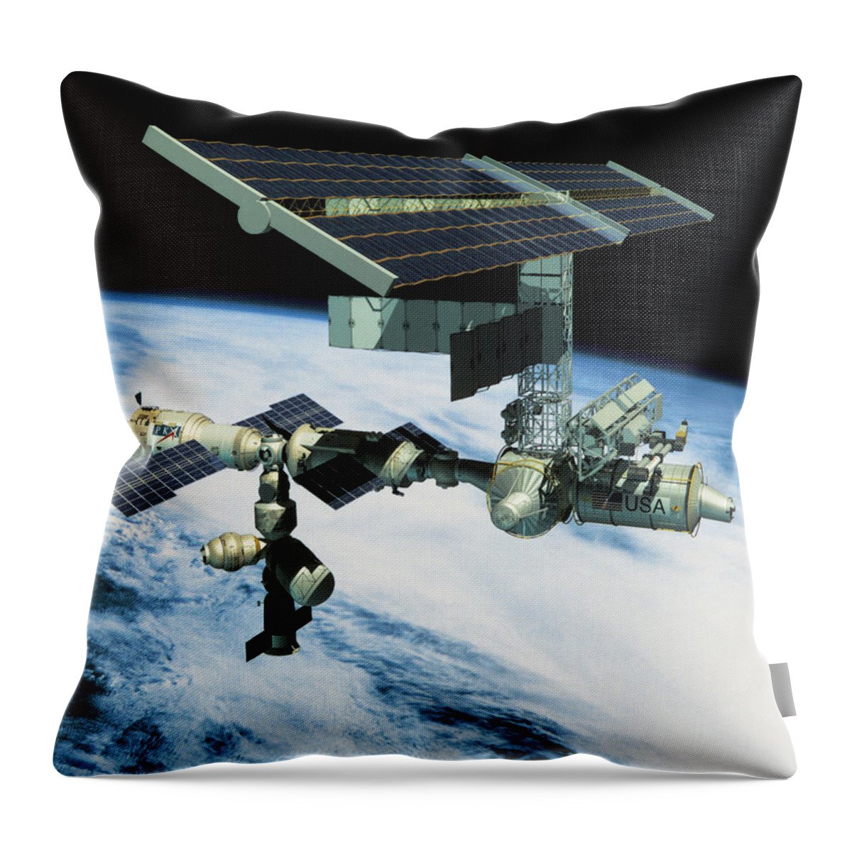 Black Color Throw Pillow featuring the photograph Space Station In Orbit by Stockbyte