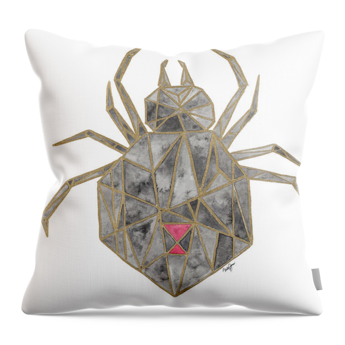 Spider Throw Pillow featuring the mixed media Spider With Gold by Nola James