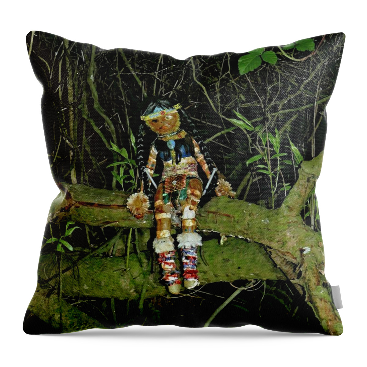 Doll Throw Pillow featuring the photograph Spooky doll in forest by Martin Smith