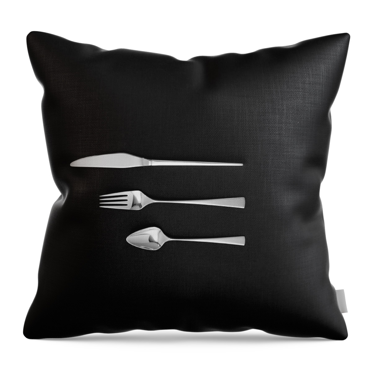 In A Row Throw Pillow featuring the photograph Spoon, Fork And Butter Knife On Black by Tom Kelley Archive