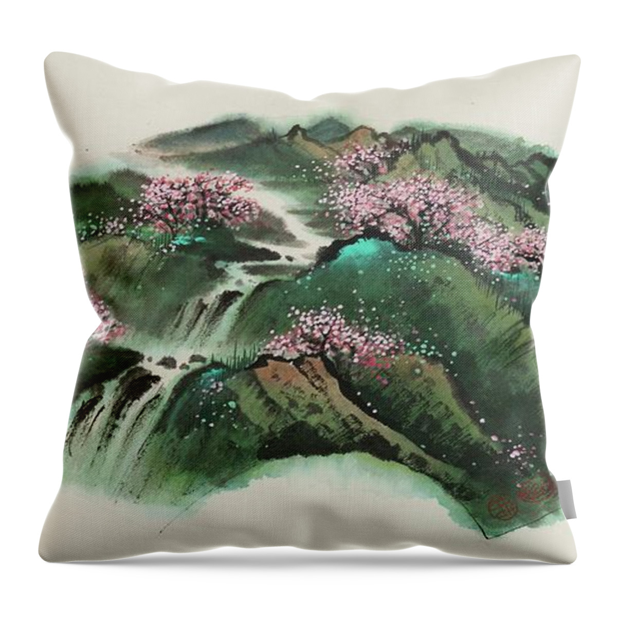 Chinese Watercolor Throw Pillow featuring the painting Springtime Stroll Through the Peach Blossoms by Jenny Sanders