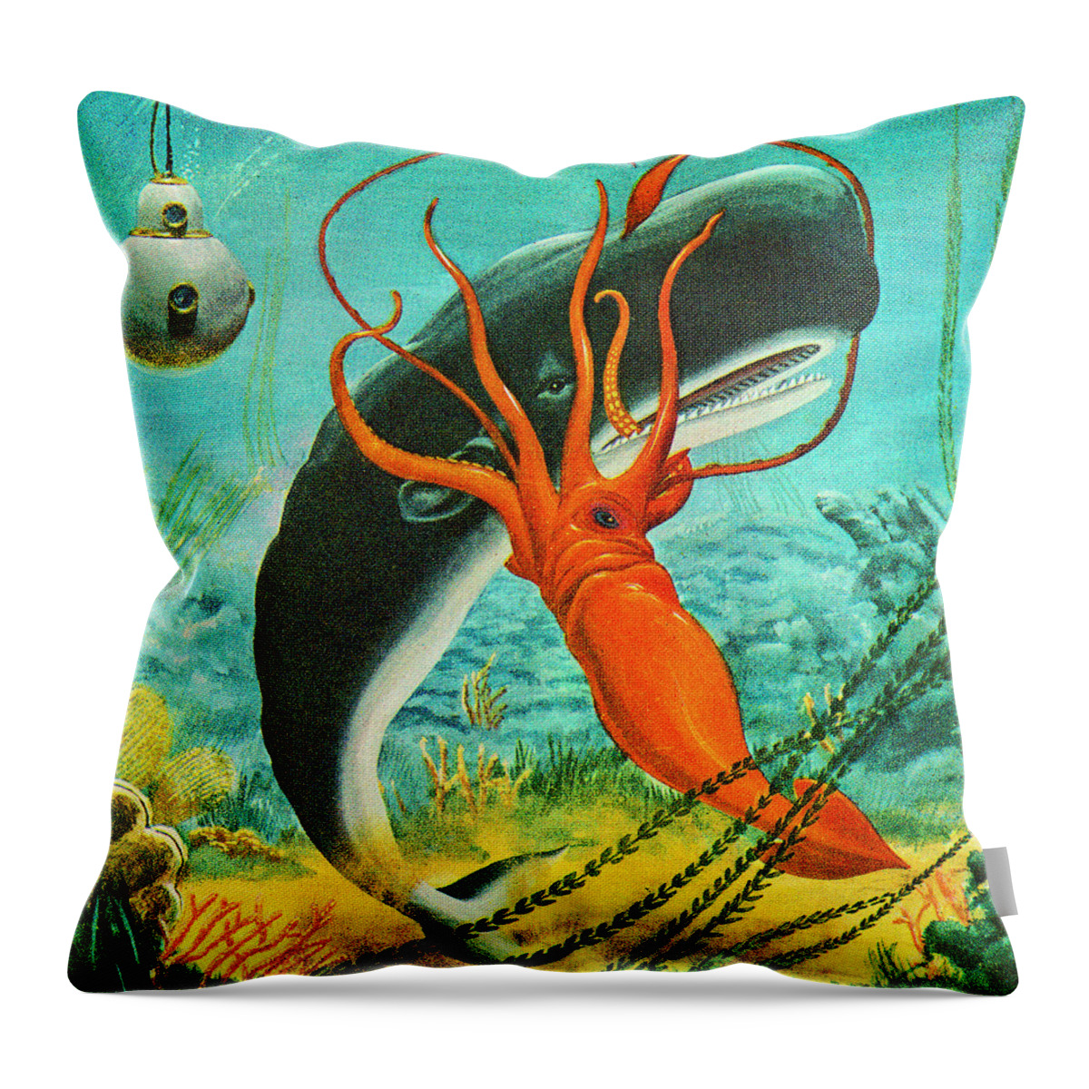 Animal Throw Pillow featuring the drawing Squid Attacking Whale by CSA Images