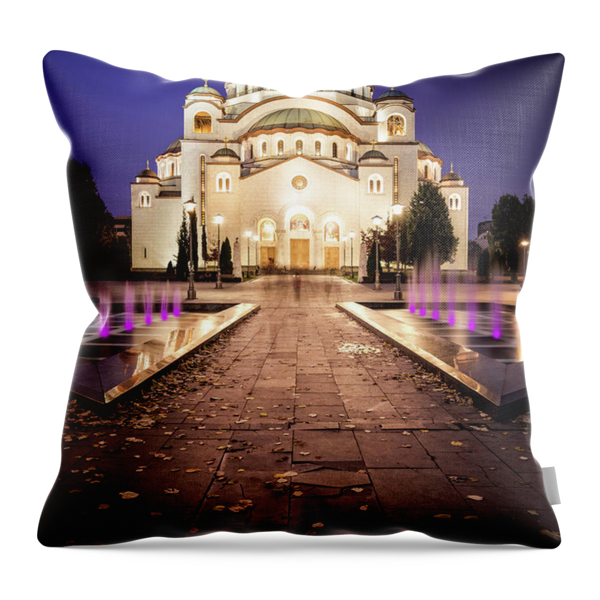 Belgrade Throw Pillow featuring the photograph St. Sava Temple in Belgrade Nightscape by Milan Ljubisavljevic