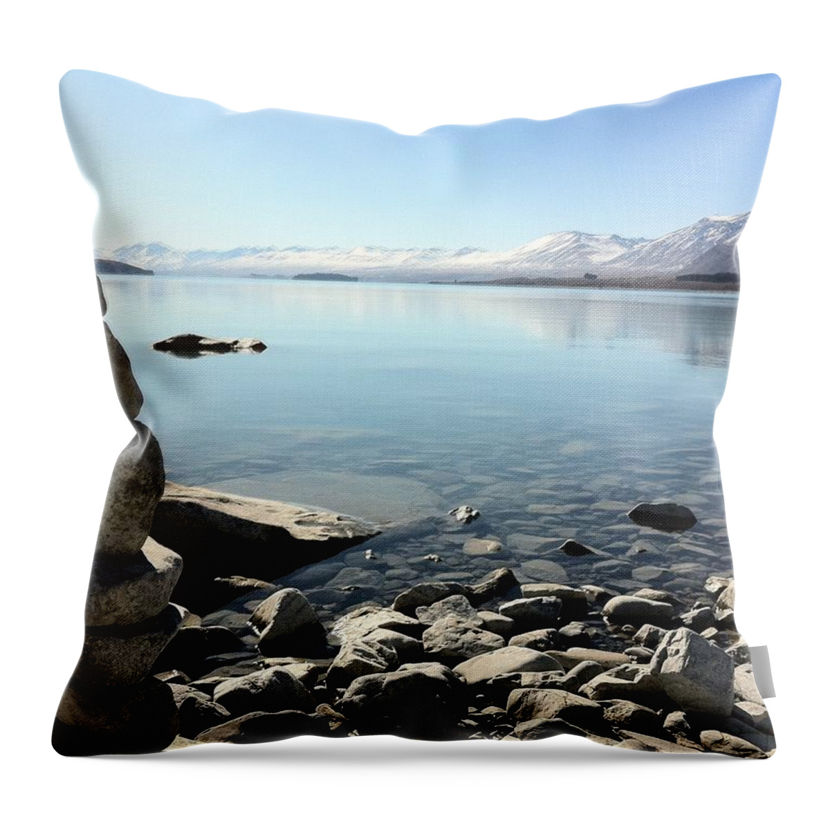 Tekapo Throw Pillow featuring the photograph Stacked Stones On Lake Tekapo, New by Verity E. Milligan
