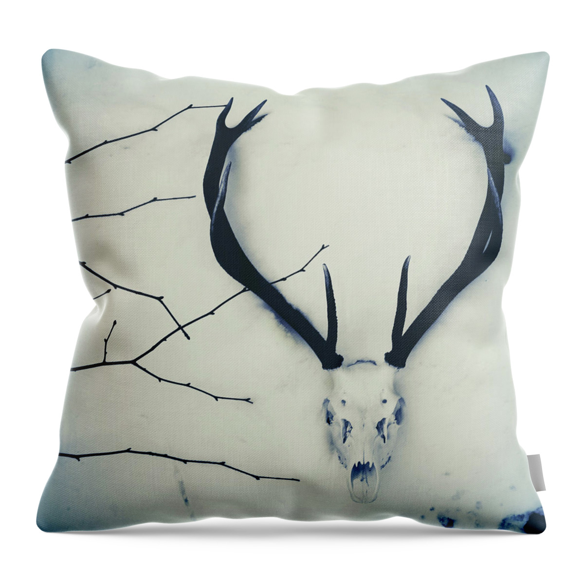 Snow Throw Pillow featuring the photograph Stagdeer Skull And Antlers In The Snow by Fiona Crawford Watson