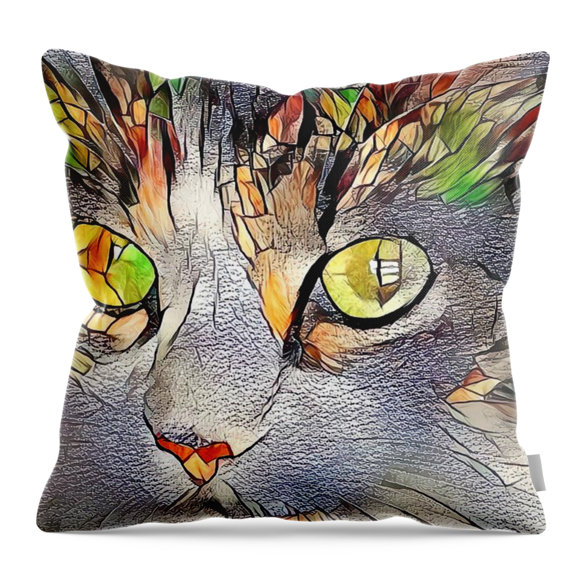 Glass Throw Pillow featuring the digital art Stained Glass Cat Portrait Golden Orange by Don Northup