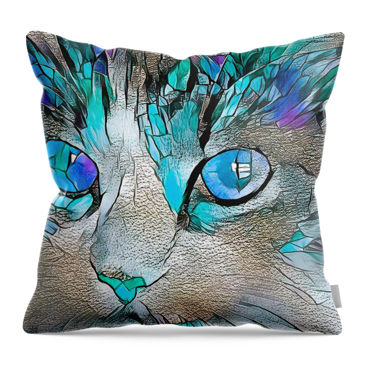 Glass Throw Pillow featuring the digital art Stained Glass Cat Portrait Light Blue by Don Northup