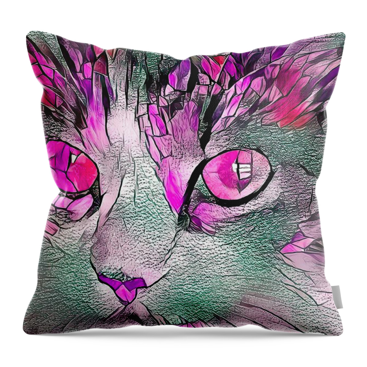 Glass Throw Pillow featuring the digital art Stained Glass Cat Portrait Pinkish Purple by Don Northup